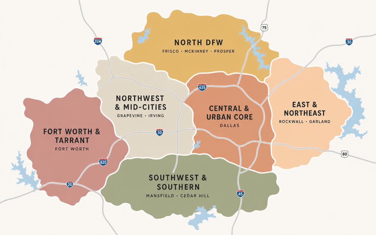 Illustrated map of the Dallas–Fort Worth metroplex highlighting North DFW