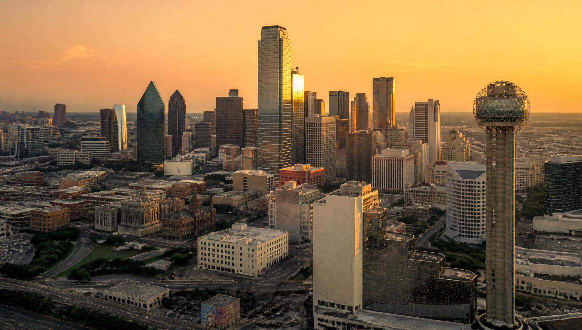 Golden hour aerial view of the Dallas skyline